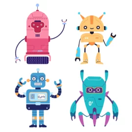 ensemble robots droles heureux cyborgs retro bots modernes futuristes vague main bonjour illustration 10045 663